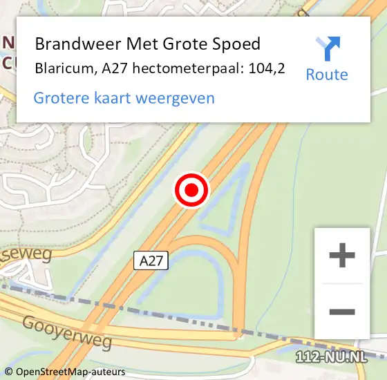 Locatie op kaart van de 112 melding: Brandweer Met Grote Spoed Naar Blaricum, A27 hectometerpaal: 104,2 op 28 december 2024 04:00