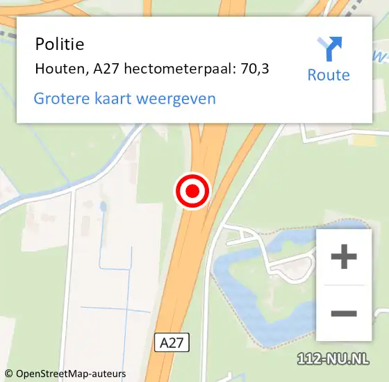 Locatie op kaart van de 112 melding: Politie Houten, A27 hectometerpaal: 70,3 op 28 december 2024 06:56