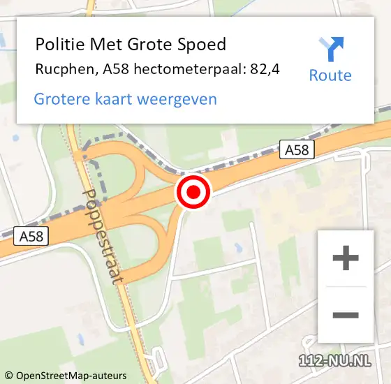 Locatie op kaart van de 112 melding: Politie Met Grote Spoed Naar Rucphen, A58 hectometerpaal: 82,4 op 28 december 2024 07:01