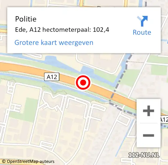 Locatie op kaart van de 112 melding: Politie Ede, A12 hectometerpaal: 102,4 op 28 december 2024 15:36