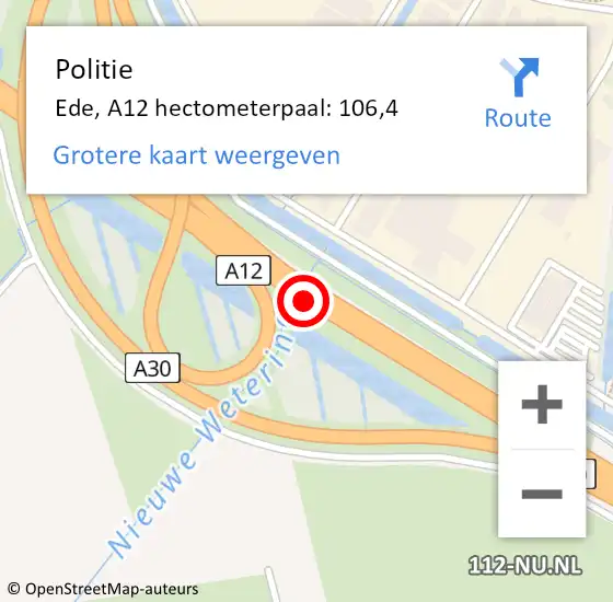 Locatie op kaart van de 112 melding: Politie Ede, A12 hectometerpaal: 106,4 op 28 december 2024 15:38