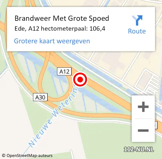 Locatie op kaart van de 112 melding: Brandweer Met Grote Spoed Naar Ede, A12 hectometerpaal: 106,4 op 28 december 2024 15:38