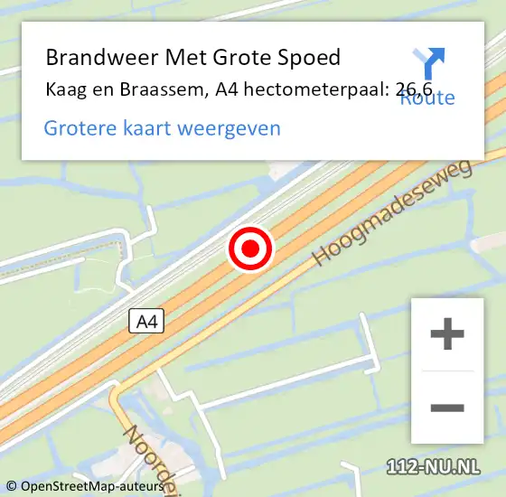 Locatie op kaart van de 112 melding: Brandweer Met Grote Spoed Naar Kaag en Braassem, A4 hectometerpaal: 26,6 op 28 december 2024 16:52