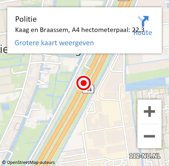 Locatie op kaart van de 112 melding: Politie Kaag en Braassem, A4 hectometerpaal: 22,3 op 28 december 2024 17:23