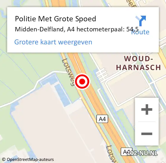 Locatie op kaart van de 112 melding: Politie Met Grote Spoed Naar Midden-Delfland, A4 hectometerpaal: 54,5 op 28 december 2024 18:08