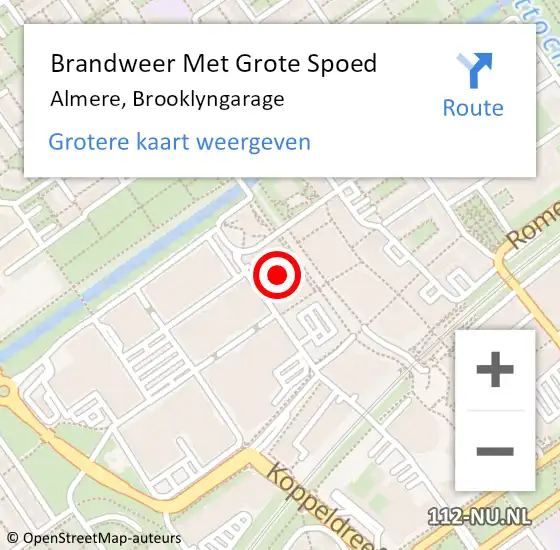 Locatie op kaart van de 112 melding: Brandweer Met Grote Spoed Naar Almere, Brooklyngarage op 28 december 2024 21:19