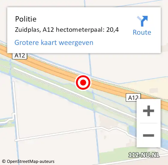 Locatie op kaart van de 112 melding: Politie Zuidplas, A12 hectometerpaal: 20,4 op 28 december 2024 21:33