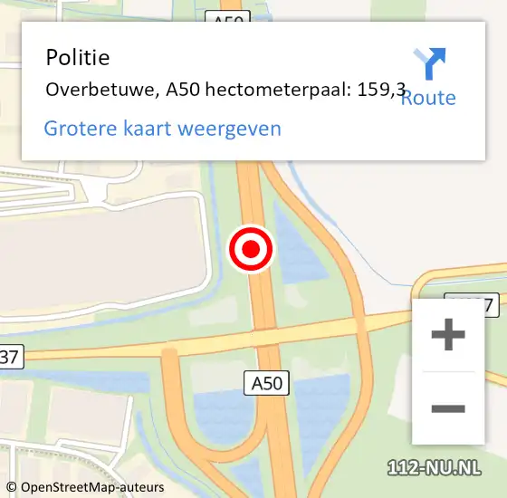 Locatie op kaart van de 112 melding: Politie Overbetuwe, A50 hectometerpaal: 159,3 op 28 december 2024 23:53