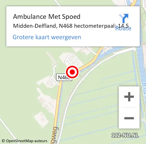 Locatie op kaart van de 112 melding: Ambulance Met Spoed Naar Midden-Delfland, N468 hectometerpaal: 14,5 op 29 december 2024 10:09