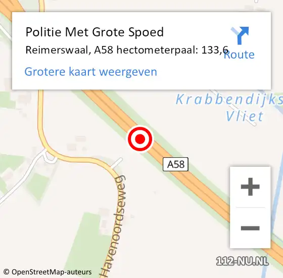 Locatie op kaart van de 112 melding: Politie Met Grote Spoed Naar Reimerswaal, A58 hectometerpaal: 133,6 op 29 december 2024 14:01