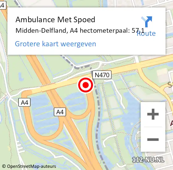 Locatie op kaart van de 112 melding: Ambulance Met Spoed Naar Midden-Delfland, A4 hectometerpaal: 57,1 op 29 december 2024 15:04