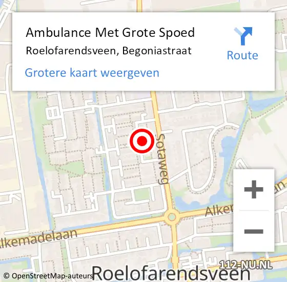 Locatie op kaart van de 112 melding: Ambulance Met Grote Spoed Naar Roelofarendsveen, Begoniastraat op 29 december 2024 15:27