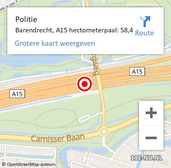 Locatie op kaart van de 112 melding: Politie Barendrecht, A15 hectometerpaal: 58,4 op 29 december 2024 16:49