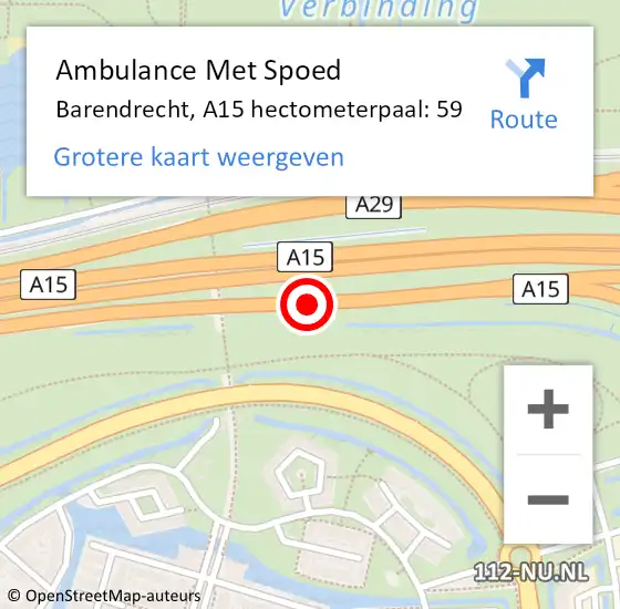 Locatie op kaart van de 112 melding: Ambulance Met Spoed Naar Barendrecht, A15 hectometerpaal: 59 op 29 december 2024 16:49