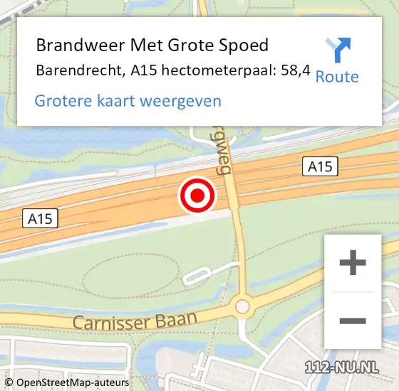 Locatie op kaart van de 112 melding: Brandweer Met Grote Spoed Naar Barendrecht, A15 hectometerpaal: 58,4 op 29 december 2024 16:50