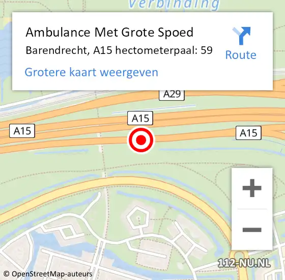 Locatie op kaart van de 112 melding: Ambulance Met Grote Spoed Naar Barendrecht, A15 hectometerpaal: 59 op 29 december 2024 16:51