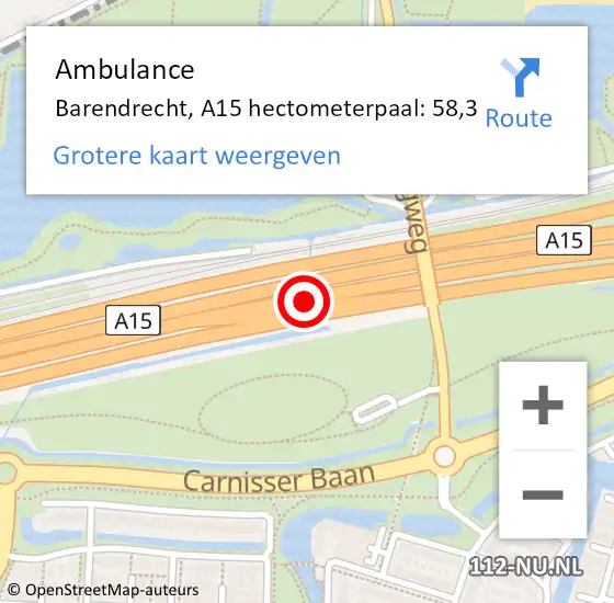 Locatie op kaart van de 112 melding: Ambulance Barendrecht, A15 hectometerpaal: 58,3 op 29 december 2024 17:02