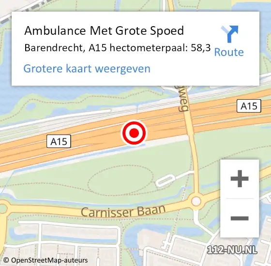 Locatie op kaart van de 112 melding: Ambulance Met Grote Spoed Naar Barendrecht, A15 hectometerpaal: 58,3 op 29 december 2024 17:02