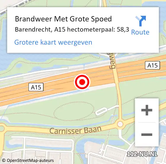 Locatie op kaart van de 112 melding: Brandweer Met Grote Spoed Naar Barendrecht, A15 hectometerpaal: 58,3 op 29 december 2024 17:03