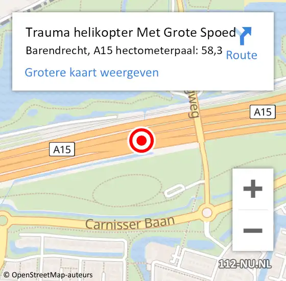 Locatie op kaart van de 112 melding: Trauma helikopter Met Grote Spoed Naar Barendrecht, A15 hectometerpaal: 58,3 op 29 december 2024 17:03