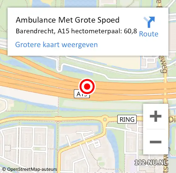 Locatie op kaart van de 112 melding: Ambulance Met Grote Spoed Naar Barendrecht, A15 hectometerpaal: 60,8 op 30 december 2024 05:12