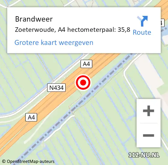 Locatie op kaart van de 112 melding: Brandweer Zoeterwoude, A4 hectometerpaal: 35,8 op 30 december 2024 08:00