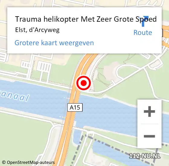 Locatie op kaart van de 112 melding: Trauma helikopter Met Zeer Grote Spoed Naar Elst, d'Arcyweg op 30 december 2024 08:18