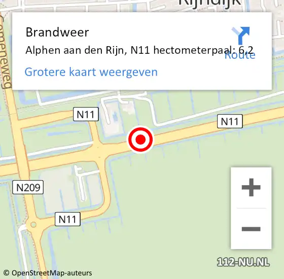 Locatie op kaart van de 112 melding: Brandweer Alphen aan den Rijn, N11 hectometerpaal: 6,2 op 30 december 2024 10:09