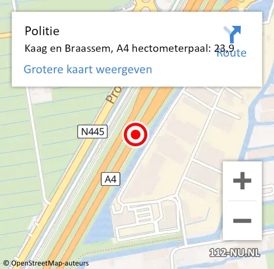 Locatie op kaart van de 112 melding: Politie Kaag en Braassem, A4 hectometerpaal: 23,9 op 30 december 2024 11:02