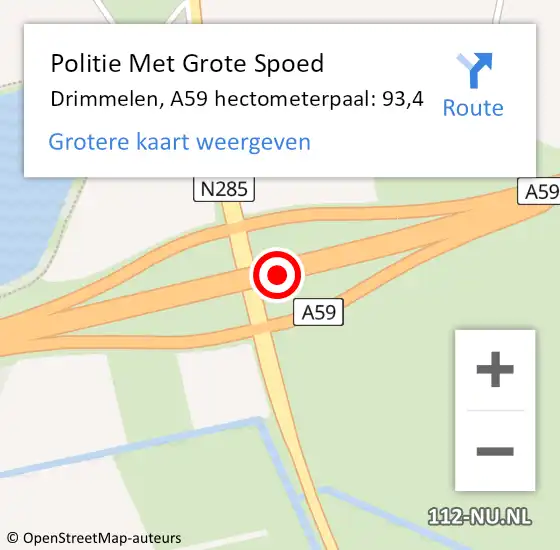 Locatie op kaart van de 112 melding: Politie Met Grote Spoed Naar Drimmelen, A59 hectometerpaal: 93,4 op 30 december 2024 12:43