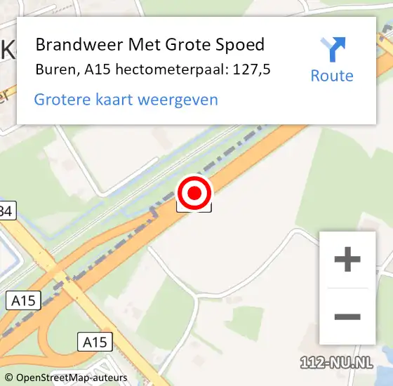 Locatie op kaart van de 112 melding: Brandweer Met Grote Spoed Naar Buren, A15 hectometerpaal: 127,5 op 30 december 2024 13:09