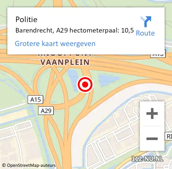 Locatie op kaart van de 112 melding: Politie Barendrecht, A29 hectometerpaal: 10,5 op 30 december 2024 15:58