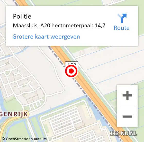 Locatie op kaart van de 112 melding: Politie Maassluis, A20 hectometerpaal: 14,7 op 30 december 2024 21:03