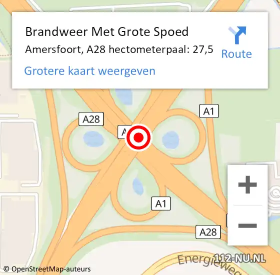 Locatie op kaart van de 112 melding: Brandweer Met Grote Spoed Naar Amersfoort, A28 hectometerpaal: 27,5 op 30 december 2024 22:20