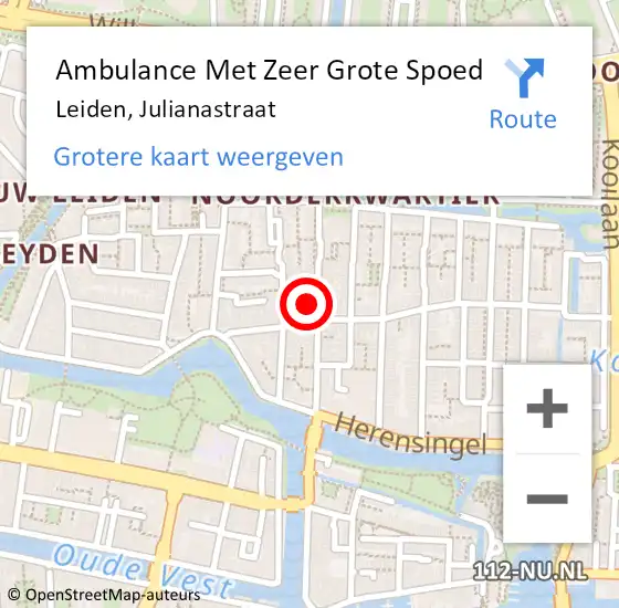 Locatie op kaart van de 112 melding: Ambulance Met Zeer Grote Spoed Naar Leiden, Julianastraat op 30 december 2024 22:39