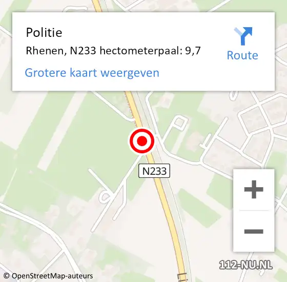 Locatie op kaart van de 112 melding: Politie Rhenen, N233 hectometerpaal: 9,7 op 31 december 2024 10:10