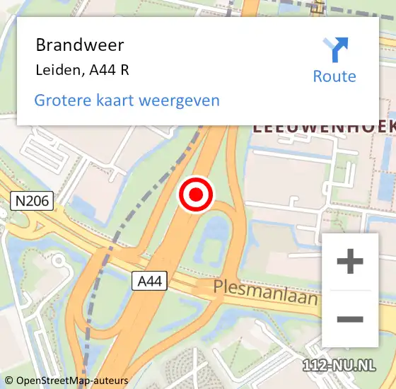 Locatie op kaart van de 112 melding: Brandweer Leiden, A44 R op 1 november 2014 08:01