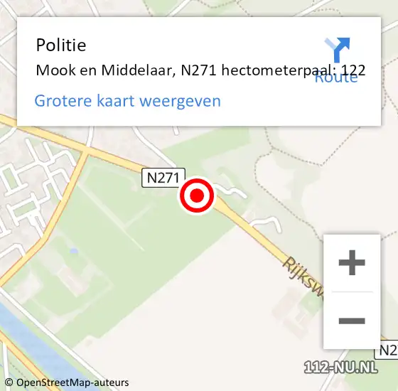 Locatie op kaart van de 112 melding: Politie Mook en Middelaar, N271 hectometerpaal: 122 op 31 december 2024 15:17