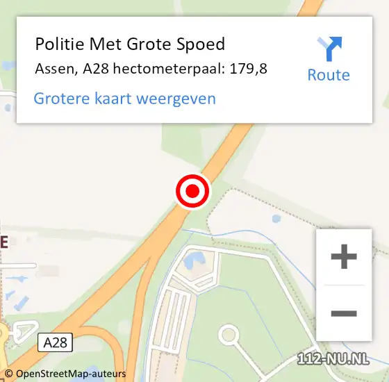 Locatie op kaart van de 112 melding: Politie Met Grote Spoed Naar Assen, A28 hectometerpaal: 179,8 op 31 december 2024 18:20