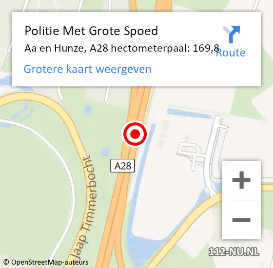 Locatie op kaart van de 112 melding: Politie Met Grote Spoed Naar Aa en Hunze, A28 hectometerpaal: 169,8 op 31 december 2024 18:23