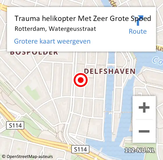 Locatie op kaart van de 112 melding: Trauma helikopter Met Zeer Grote Spoed Naar Rotterdam, Watergeusstraat op 31 december 2024 20:36