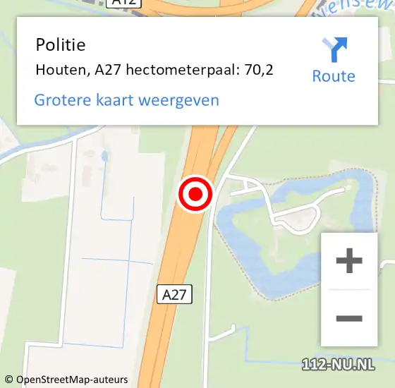 Locatie op kaart van de 112 melding: Politie Houten, A27 hectometerpaal: 70,2 op 31 december 2024 22:49