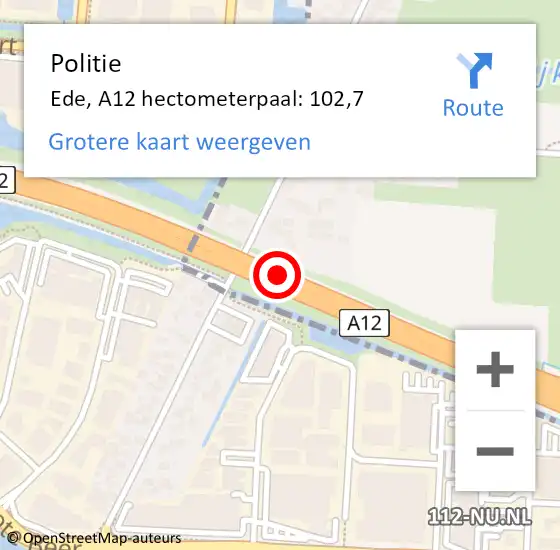 Locatie op kaart van de 112 melding: Politie Ede, A12 hectometerpaal: 102,7 op 31 december 2024 23:13