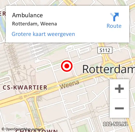 Locatie op kaart van de 112 melding: Ambulance Rotterdam, Weena op 1 januari 2025 01:22