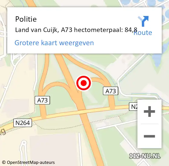 Locatie op kaart van de 112 melding: Politie Land van Cuijk, A73 hectometerpaal: 84,8 op 1 januari 2025 03:52