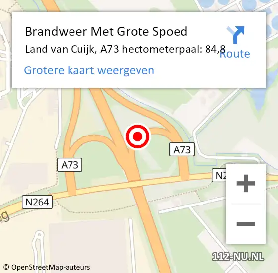 Locatie op kaart van de 112 melding: Brandweer Met Grote Spoed Naar Land van Cuijk, A73 hectometerpaal: 84,8 op 1 januari 2025 03:56