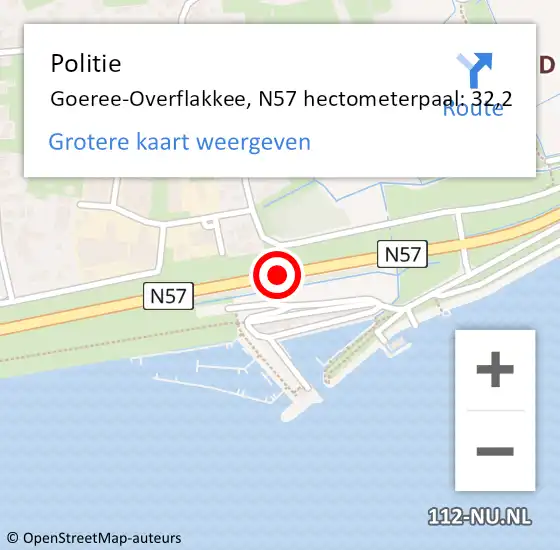 Locatie op kaart van de 112 melding: Politie Goeree-Overflakkee, N57 hectometerpaal: 32,2 op 1 januari 2025 04:21