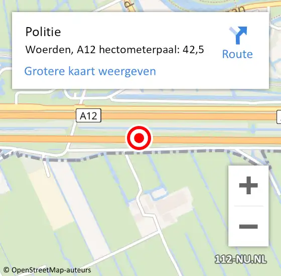 Locatie op kaart van de 112 melding: Politie Woerden, A12 hectometerpaal: 42,5 op 1 januari 2025 06:00