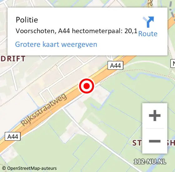 Locatie op kaart van de 112 melding: Politie Voorschoten, A44 hectometerpaal: 20,1 op 1 januari 2025 06:41