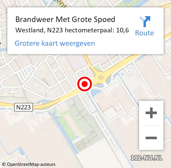 Locatie op kaart van de 112 melding: Brandweer Met Grote Spoed Naar Westland, N223 hectometerpaal: 10,6 op 1 januari 2025 06:49